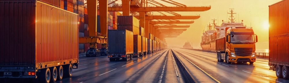 shipping containers trucks port sunset